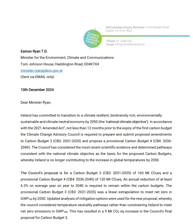 Carbon Budget Proposal - Letter to Minister